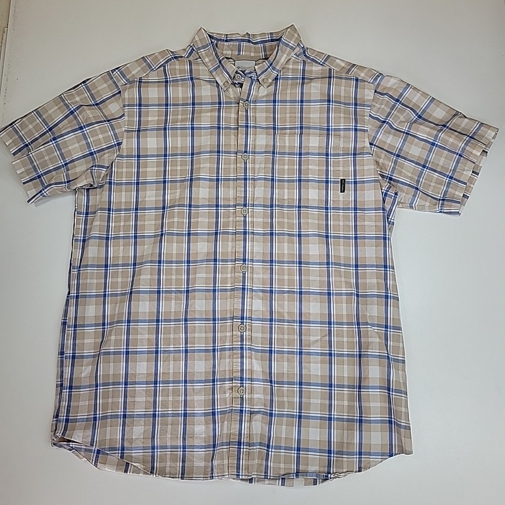 Columbia Button Up Shirt Men's XL Beige Check Short Sleeve Outdoor Casual Preppy